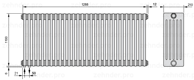 Схема (чертеж) Радиатор Zehnder Charleston 6110/28 №3370 Белый глянцевый RAL 9016